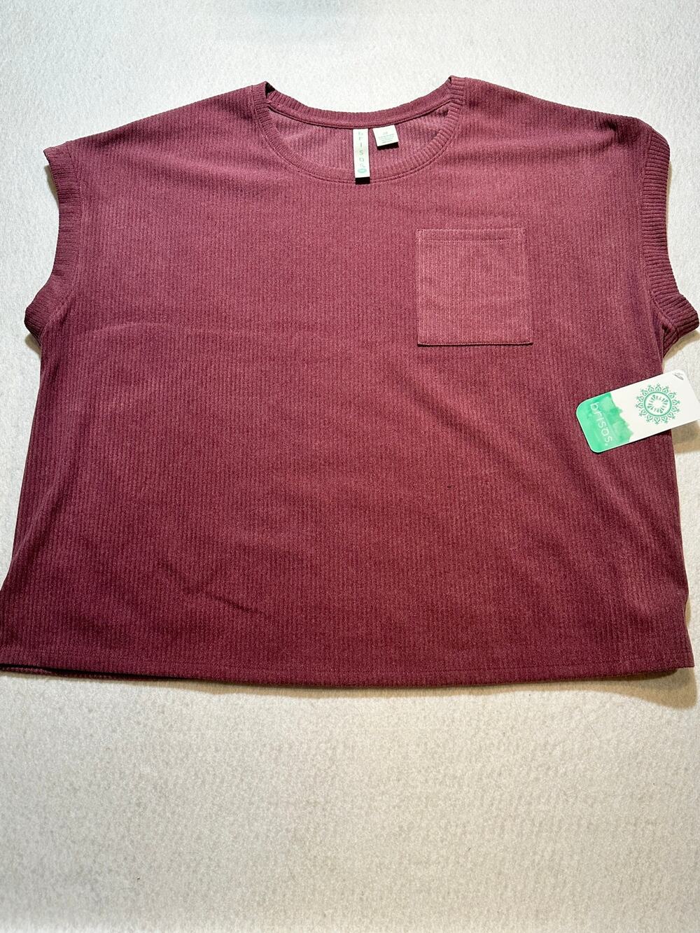Brisas Women’s 2X Burgundy Ribbed Oversized Pocket Top Dolman Sleeve NWT